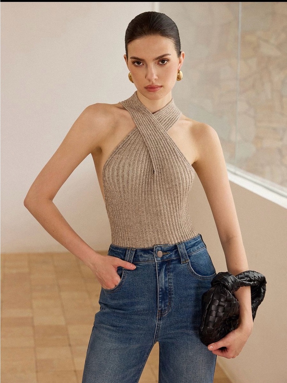Commense Beige Ribbed Halter Knit Top - Women's Cross-Neck Tank